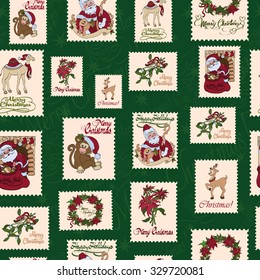 Vector Vintage Holiday Stamps Green Christmas Seamless Pattern. Saint Nicholas.