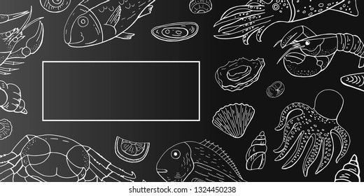 Vector vintage  horizontal menu with seafood and fish outline on black background. Hand drawn seafood cafe menu
