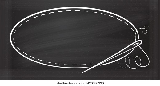 Vector vintage horizontal oval frame with sewing needle on a chalkboard background