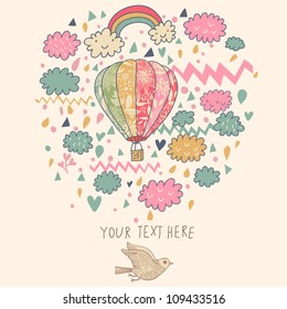 Vector Vintage Hot Air Balloon with Clouds. Cute Background Design.