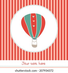 Vector vintage hot air balloon on striped background. Cute background design for greeting cards. 