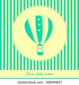 Vector vintage hot air balloon on striped background. Cute background design for greeting cards. 