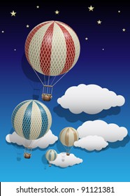 Vector Vintage Hot Air Balloons with Clouds and Stars