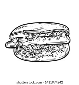 Vector vintage hot dog drawing. Hand drawn monochrome fast food illustration