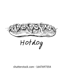 Vector vintage hot dog drawing on white background. Used for poster, banner, web, t-shirt print, bag print, badges, flyer, logo design and more.