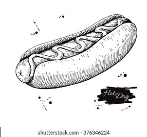 Vector vintage hot dog drawing. Hand drawn monochrome fast food illustration. Great for menu, poster or label.