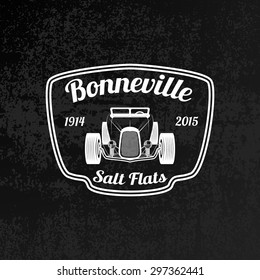 Vector vintage hot rod emblem on grunge background. Bonneville Salt Flats Icon.