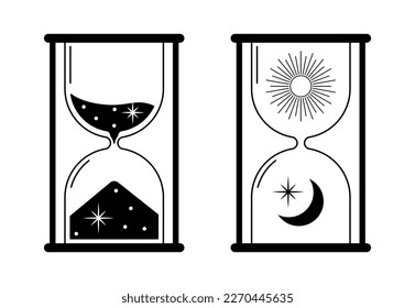 Vector vintage hourglass with dark starry sand inside to measure time. Esoteric astrology symbol isolated on white