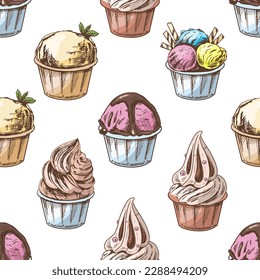 Vector vintage ice cream seamless pattern. Hand drawn colored  illustration of  ice cream balls, frozen yoghurt or cupcakes in cups. Great for menu, poster or restaurant background.