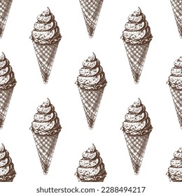 Vector vintage ice cream seamless pattern. Hand drawn monochrome  illustration of  waffle cones with frozen yogurt or soft ice cream. Great for menu, poster or restaurant background.