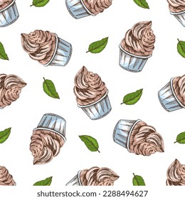 Vector vintage ice cream seamless pattern. Hand drawn  colored  illustration of  frozen yogurt or soft ice cream, cupcake in a cup. Great for menu, poster or restaurant background.