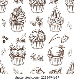 Vector vintage ice cream seamless pattern. Hand drawn monochrome  illustration of  ice cream balls, frozen yoghurt or cupcakes in cups, blueberries, strawberries, vanilla pods, chocolate. 
