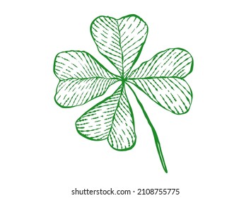 Vector vintage icon of clover for Patrick's day. Vintage green lucky clover with four leaf in hand drawing style.