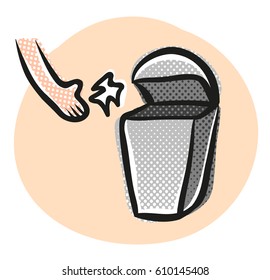 Vector vintage icon with garbage and hand. Retro garbage basket.
