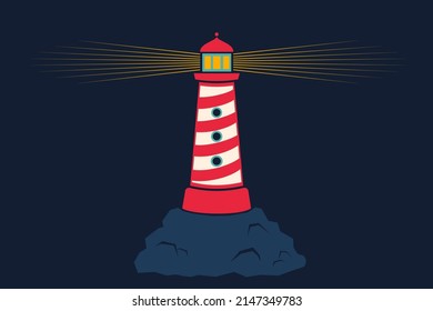Icono vectorial vintage de un faro. Ilustración vectorial del faro en la roca.