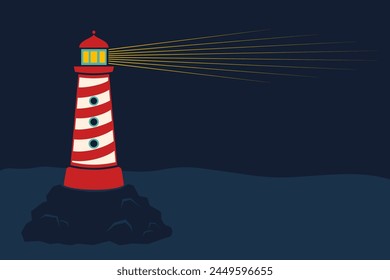 Vector vintage icon of a lighthouse. Vector illustration of lighthouse is on the rock.