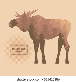 Vector vintage icon of moose silhouette, forest, trees. Trendy Hipster design elements.