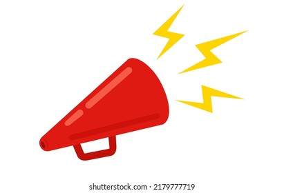 Vector vintage icon of red megaphone. Vector red megaphone in retro style on blue background.
