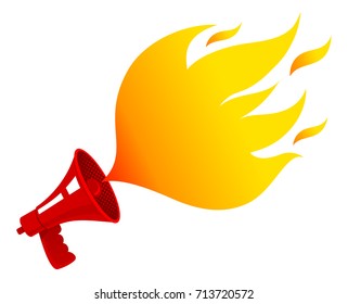 Vector vintage icon with red retro megaphone with fire. Red vintage megaphone and flame like bubble