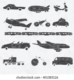 Vector vintage icon set with hand drawn element. Cartoon textured transport collection. Car, truck, van, airplane, train, bus, scooter, bicycle, dirigible