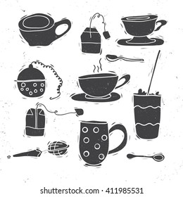 Vector vintage icon set. Tea theme. Hand drawn and textured. Tea, coffee, cup, latte, spoon, mug