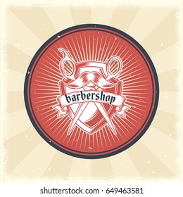 Vector vintage illustration of badge, sticker, sign with heraldic shield, hairdressing scissors and mustache for barbershop made in grunge style. Print, template, design element