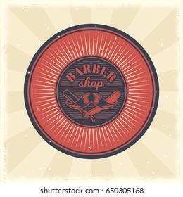 Vector vintage illustration of badge, sticker, sign with straight razor and mustache for barbershop made in grunge style. Print, template, design element