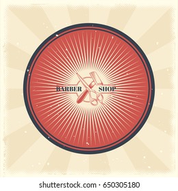 Vector vintage illustration of badge, sticker, sign with safety razor and hairdressing scissors for barbershop made in grunge style. Print, template, design element