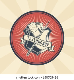 Vector vintage illustration of badge, sticker, sign for tailor s shop with a needle and thimble located on the heraldic shield. Print, template, design element