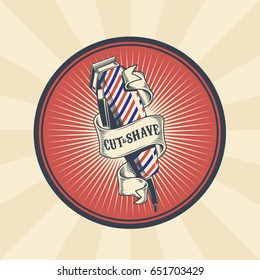 Vector vintage illustration of badge, sticker, sign for barber shop with hair clipper. Print, template, design element