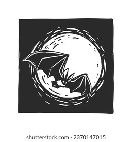 Vector vintage illustration of bat flying against the moon. Hand drawn Halloween symbol in linocut style.