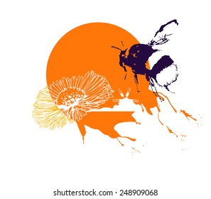 Vector vintage illustration  - Bee flying over the village
