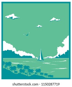 vector vintage illustration of boat sailing in tropical ocean, palms and clouds