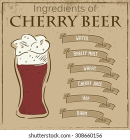 Vector vintage illustration of card with recipe of cherry beer. Ingredients are written on ribbons.