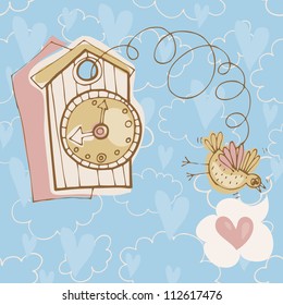 Vector vintage illustration with clock and bird on the wall