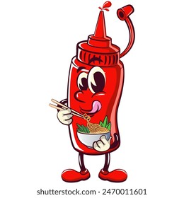 vector vintage illustration of cute ketchup bottle mascot character with a bowl of noodles and chopsticks, work of hand drawn