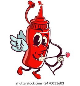 vector vintage illustration of cute ketchup bottle mascot character become a cupid with angel wings and carry the arrow of love, work of hand drawn