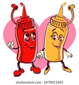 vector vintage illustration of cute ketchup bottle mascot character paired with a jar of mayonnaise with love, work of hand drawn