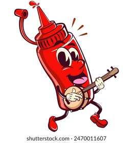 vector vintage illustration of cute ketchup bottle mascot character rplaying the banjo musical instrument, work of hand drawn