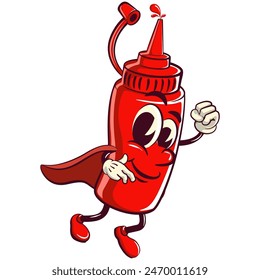 vector vintage illustration of cute ketchup bottle mascot character become a flying superhero wearing a capet, work of hand drawn