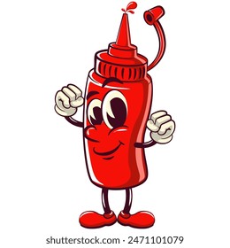 vector vintage illustration of cute ketchup bottle mascot character be healthy and strong enough to become a champion, work of hand drawn