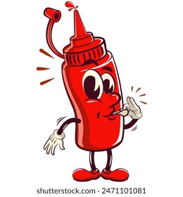 vector vintage illustration of cute ketchup bottle mascot character blowing a whistle,work of hand drawn