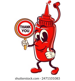 vector vintage illustration of cute ketchup bottle mascot character carrying a sign saying thank you, work of hand drawn