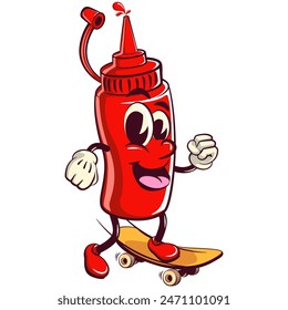 vector vintage illustration of cute ketchup bottle mascot character playing skateboarding, work of hand drawn