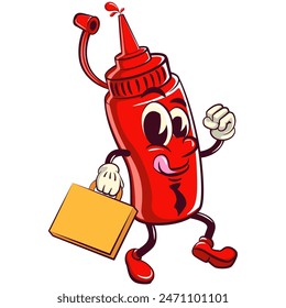 vector vintage illustration of cute ketchup bottle mascot character wearing a tie and carrying a suitcase rushing to the office, work of hand drawn