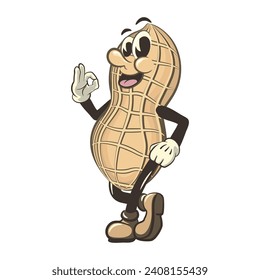 vector vintage illustration of cute peanut character mascot calmly giving an okay sign