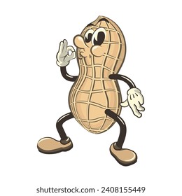 vector vintage illustration of cute peanut mascot character giving delicious sign with grace