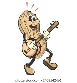 vector vintage illustration of cute peanut character mascot playing banjo