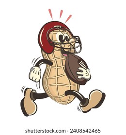 vector vintage illustration of cute peanut mascot character playing american football with an oval ball and wearing a helmet