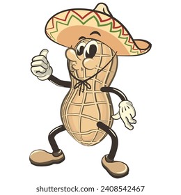vector vintage illustration of a cute peanut mascot character wearing sombrero with thumb up